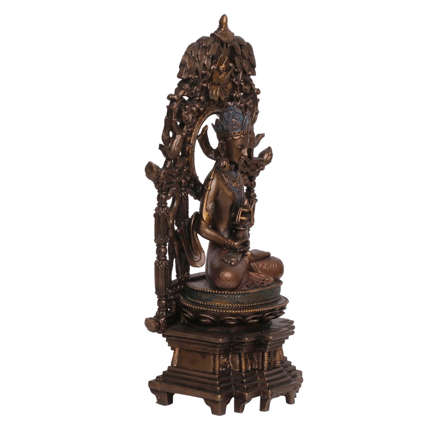 An 8-Inch Tall Bronze-Toned Resin Buddha Statue Featuring An Intricate Ornate Backdrop - SvarupArt