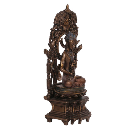 An 8-Inch Tall Bronze-Toned Resin Buddha Statue Featuring An Intricate Ornate Backdrop - SvarupArt