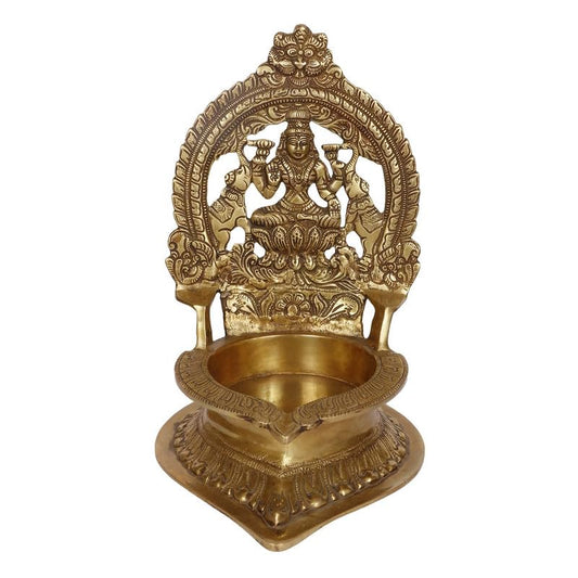 12 Inch Large Gold Color Brass Laxmi Diya with Big Container: Ideal for Home, Temple, Wedding Gifts & Pooja - SvarupArt