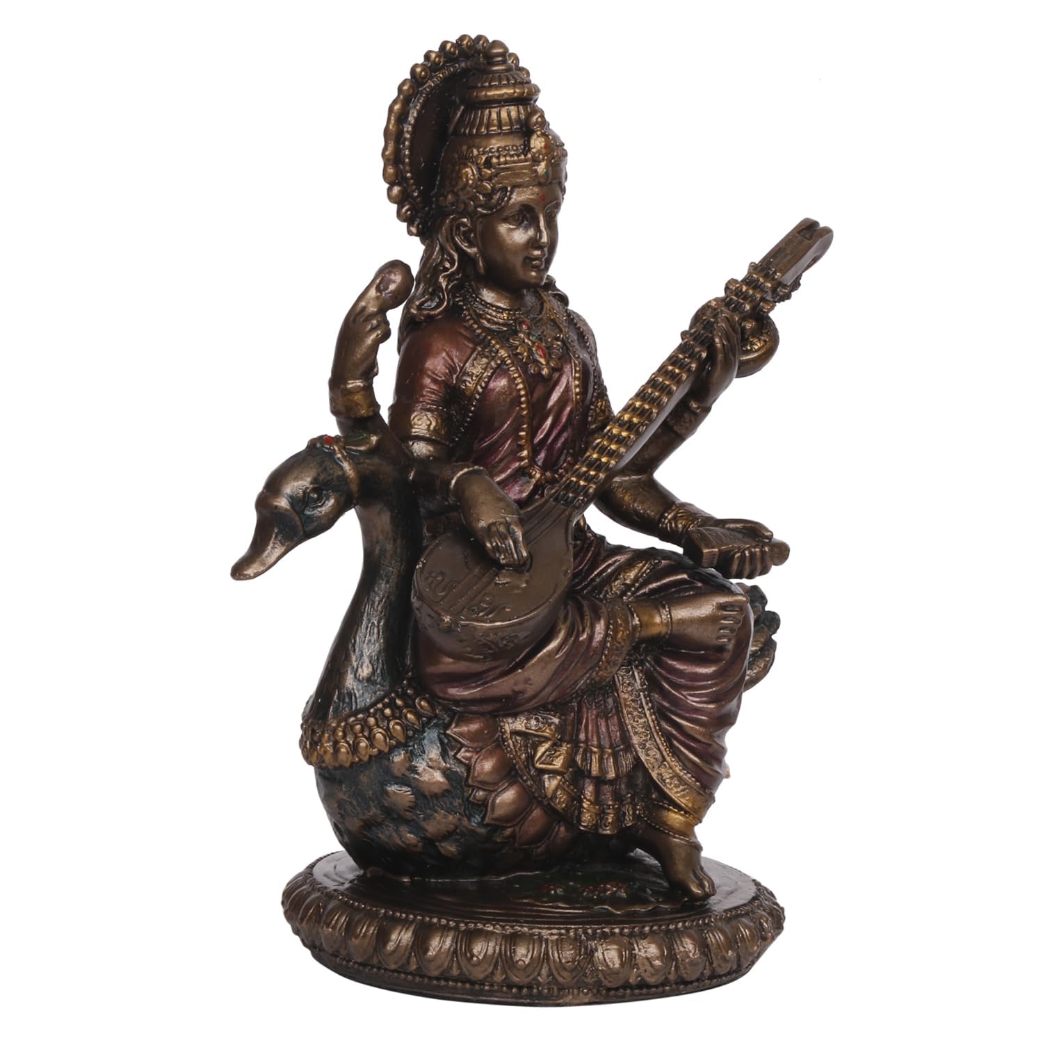 Bronze Colored Resin Saraswati Statue With A Height Of 8 Inches. - SvarupArt