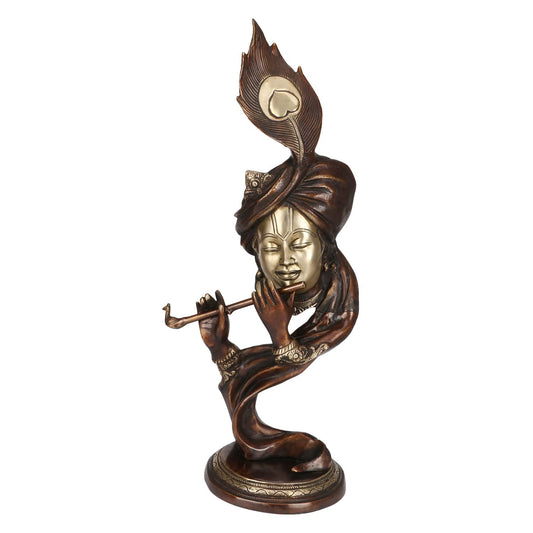 Brass Krishna Bhagwan Idol Murli Kishan Murti Playing Bansuri With Morphankh Gift for Home Mandir Decor Marriage - SvarupArt