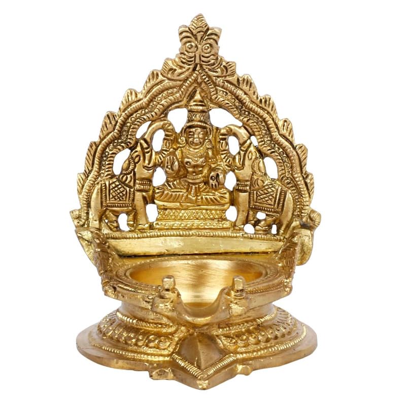 4 Inch Gold Color Brass Gajlaxmi Diya: A beautiful piece for religious and decorative use - SvarupArt