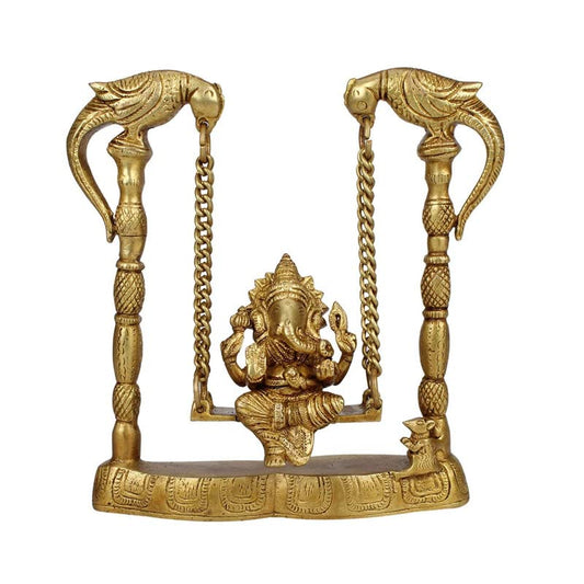 Brass Jhula Ganesha Idol In Gold Color Height 5 Inch Weight 1 Kg - SvarupArt
