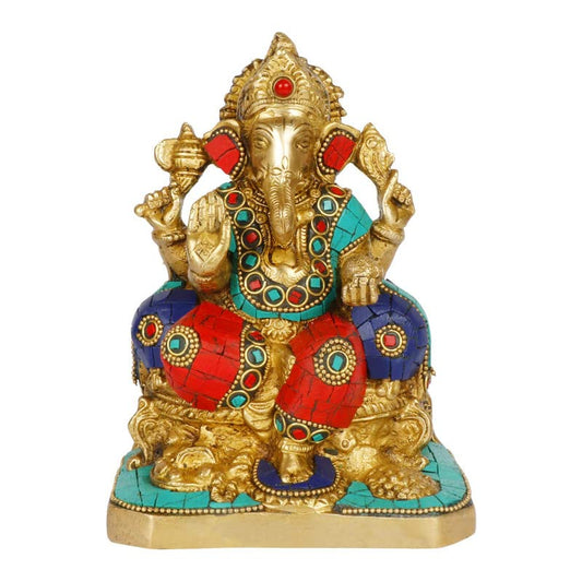 Brass Sitting Ganesha Idol In Multicolor Height 6.5 Inch Weight 2 Kg - SvarupArt
