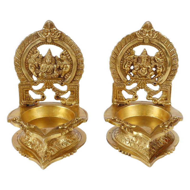 Set of 2 Gold Color Brass Laxmi Ganesh Oil Diyas: Perfect for Puja, Aarti, Camphor Burning, and Table Stand - SvarupArt