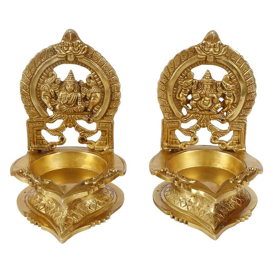 Set of 2 Gold Color Brass Laxmi Ganesh Oil Diyas: Perfect for Puja, Aarti, Camphor Burning, and Table Stand - SvarupArt