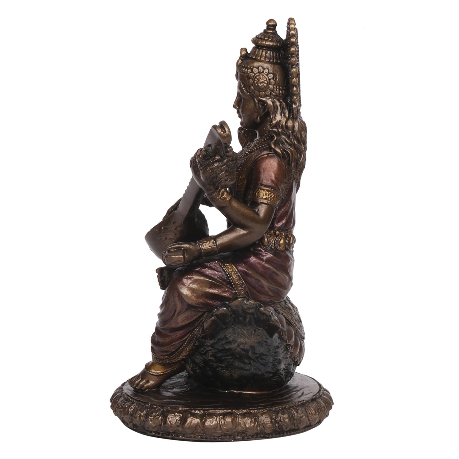 Bronze Colored Resin Saraswati Statue With A Height Of 8 Inches. - SvarupArt