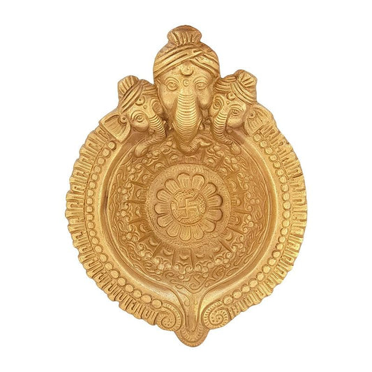 6 Inch Gold Color Brass Ganesha Face Diya: Ideal for Home Temple Aarti, Camphor Burning, and Table Mandir - SvarupArt