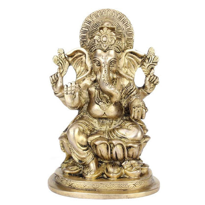 Brass Sitting Ganesha Idol In Gold Color Height 7.5 Inch Weight 1.9 Kg - SvarupArt