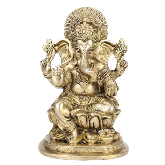 Brass Sitting Ganesha Idol In Gold Color Height 7.5 Inch Weight 1.9 Kg - SvarupArt