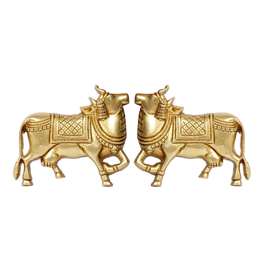 Brass Cow Wall Hanging Vastu Gau MATA Idol, Kamdhenu Cow Pair Nandi (Gold Color 5x4 Inch) - SvarupArt