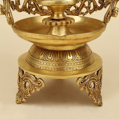 13.5 Inch Gold Color Brass Laxmi Ganesh Oil Lamp Diya Deepam: Ideal for Temple Aarti, Deepak Pooja, and Jyot Lighting - SvarupArt
