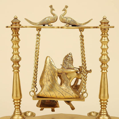 Brass Radha Krishna Jhula in Gold Color Height 16 Inch - SvarupArt