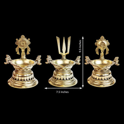 8 Inch Large Gold Color Brass Diya with Shankha, Chakra, and Vishnu Symbol: A stunning showpiece for home decor - SvarupArt