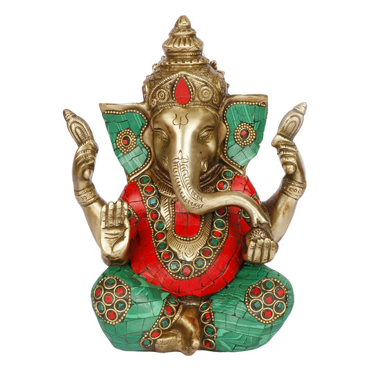 Brass Ganesha Idol Ganesh for Home Decoration Ganpati Statue Murti for Gift Height 7.5 Inch Weight 2.5 Kg Color Multi - SvarupArt