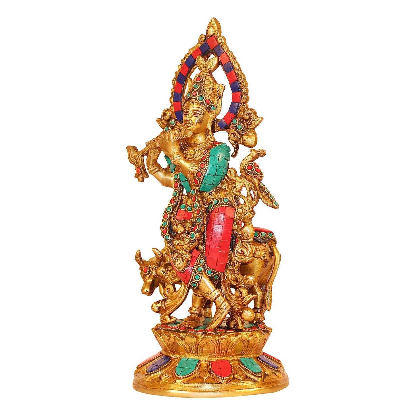 Brass Shri Krishna Idol with Cow Kishan Bhagwan Murti Lord Krishna Cow Statue with Flute Big Size Height 12 Inch - SvarupArt