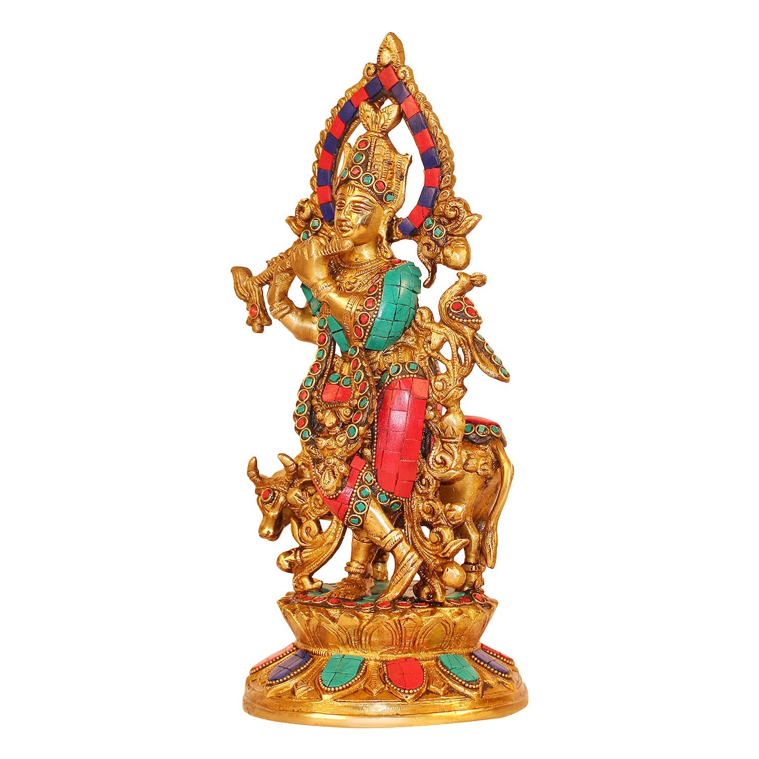 Brass Shri Krishna Idol with Cow Kishan Bhagwan Murti Lord Krishna Cow Statue with Flute Big Size Height 12 Inch - SvarupArt