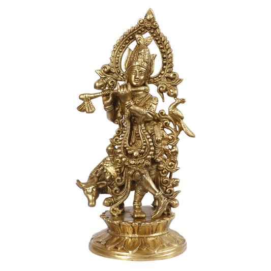 Brass Shri Krishna Idol with Cow Kishan Bhagwan Murti Lord Krishna Cow Statue with Flute Big Size Height 12 Inch - SvarupArt
