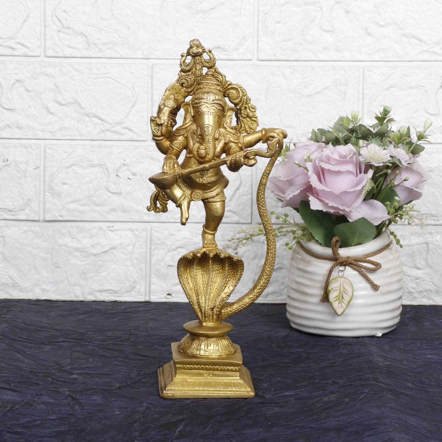 Brass Dancing Ganesha on a Snake Head with Playing Veena, Lord Dancing Ganesh on Snake, Ganpati, Temple Puja Home Decor - SvarupArt