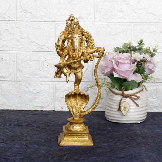 Brass Dancing Ganesha on a Snake Head with Playing Veena, Lord Dancing Ganesh on Snake, Ganpati, Temple Puja Home Decor - SvarupArt