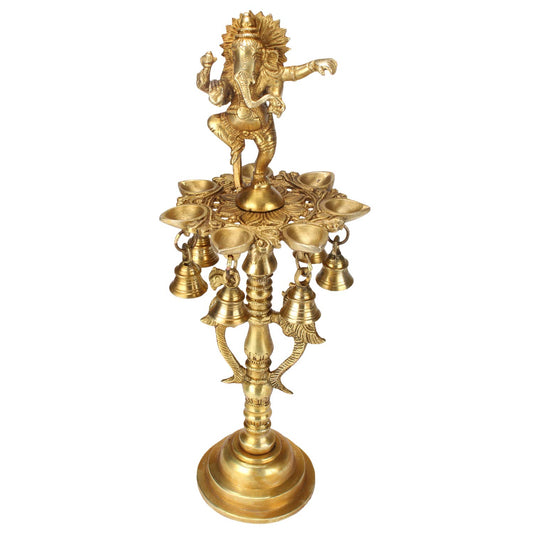 Brass Ganesha Diya Ganesh with Bells For Puja Room, Dancing Oil Lamp & Home Decor 16 Inch Height - SvarupArt