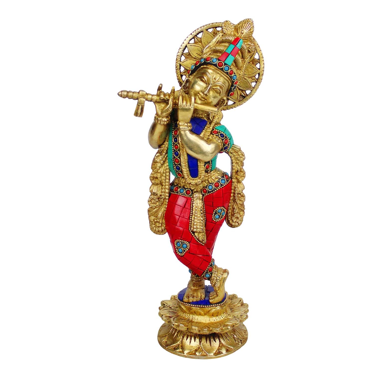 Brass Krishna Statue for Living Room Showpiece in Multi Color Height 12 Inch - SvarupArt