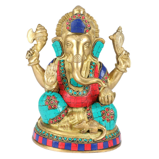 Brass Ganesha Idol for Home Decoration Ganpati Statue Murti for Gift Height 8 Inch Weight 3 Kg Color Multicolor - SvarupArt