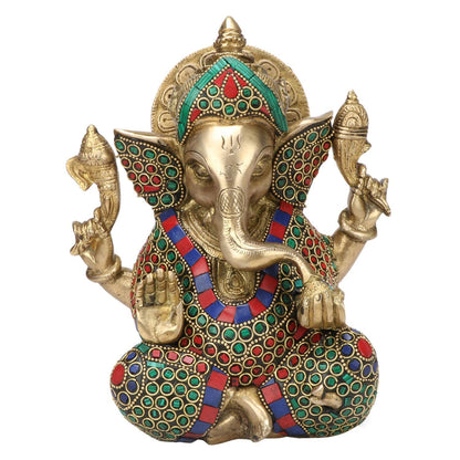 Brass Ganesha Idol for Home Decoration Ganpati Statue Murti for Gift Height 8 Inch Weight 3.2 Kg Color Multicolor - SvarupArt