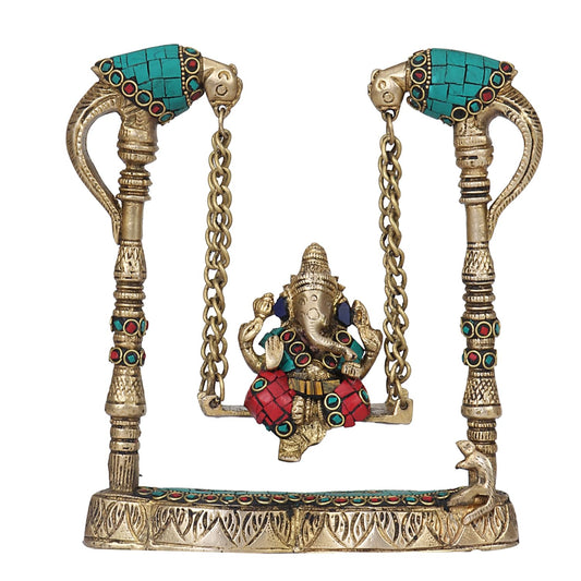 Brass Ganesha on Jhoola Ganesh Swing Decor Showpiece Handcrafted Statue 8 Inch, Multicolor - SvarupArt