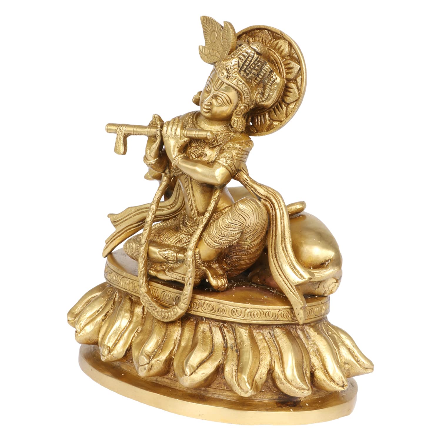 Brass Shri Krishna Idol with Cow Kishan Bhagwan Murti Lord Krishna Cow Statue with Flute Big Size Height 8.5 Inch - SvarupArt