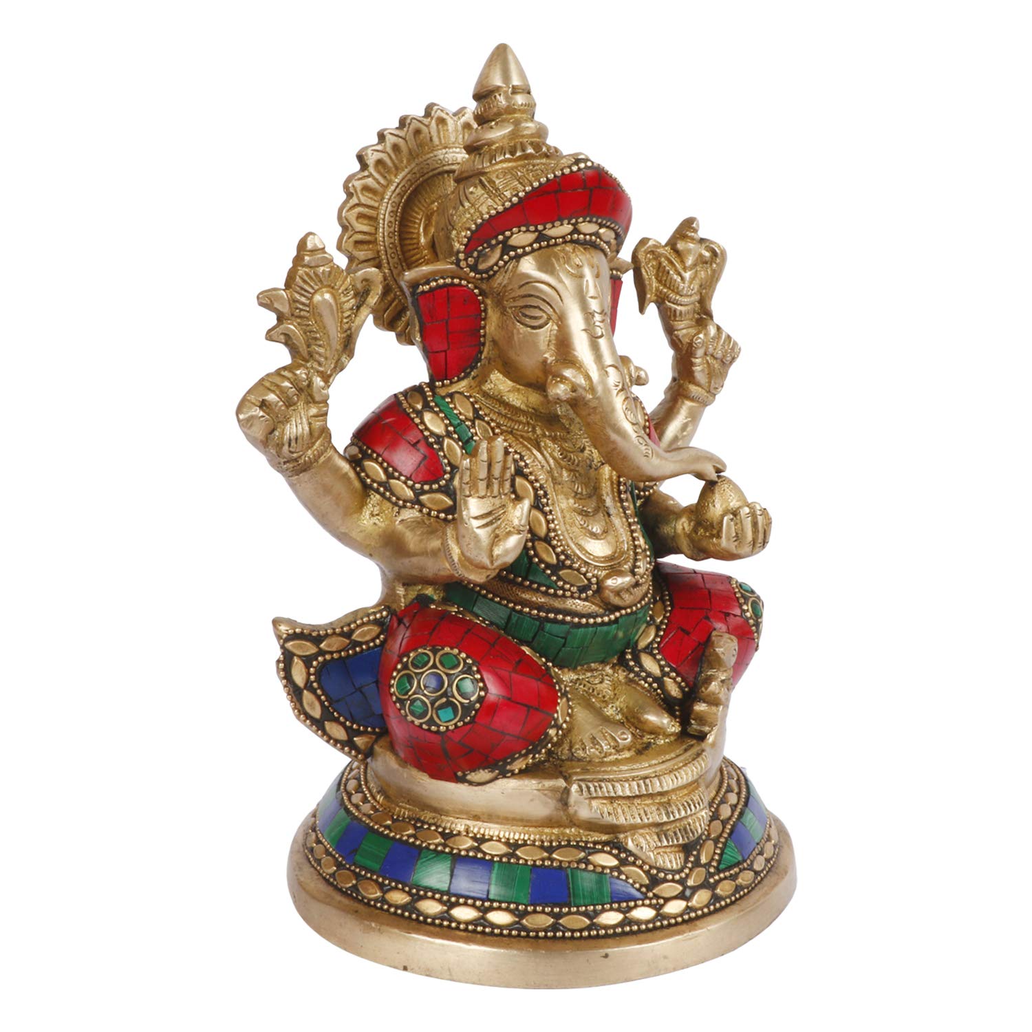 Brass Ganesha Idol on Round Singhasan for Home Decoration Ganpati Statue Murti for Gift Height 8 Inch Weight 3 Kg Color - SvarupArt