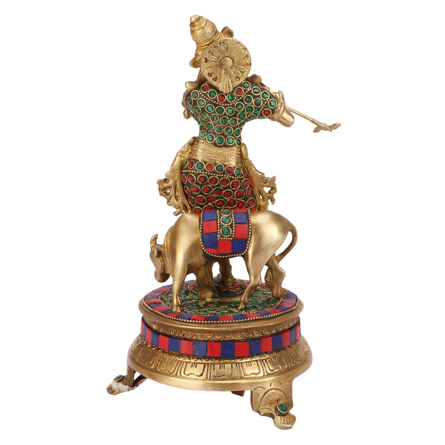 Brass Shri Krishna Idol with Cow Kishan Bhagwan Murti Lord Krishna Cow Statue with Flute Big Size Height 11 Inch - SvarupArt
