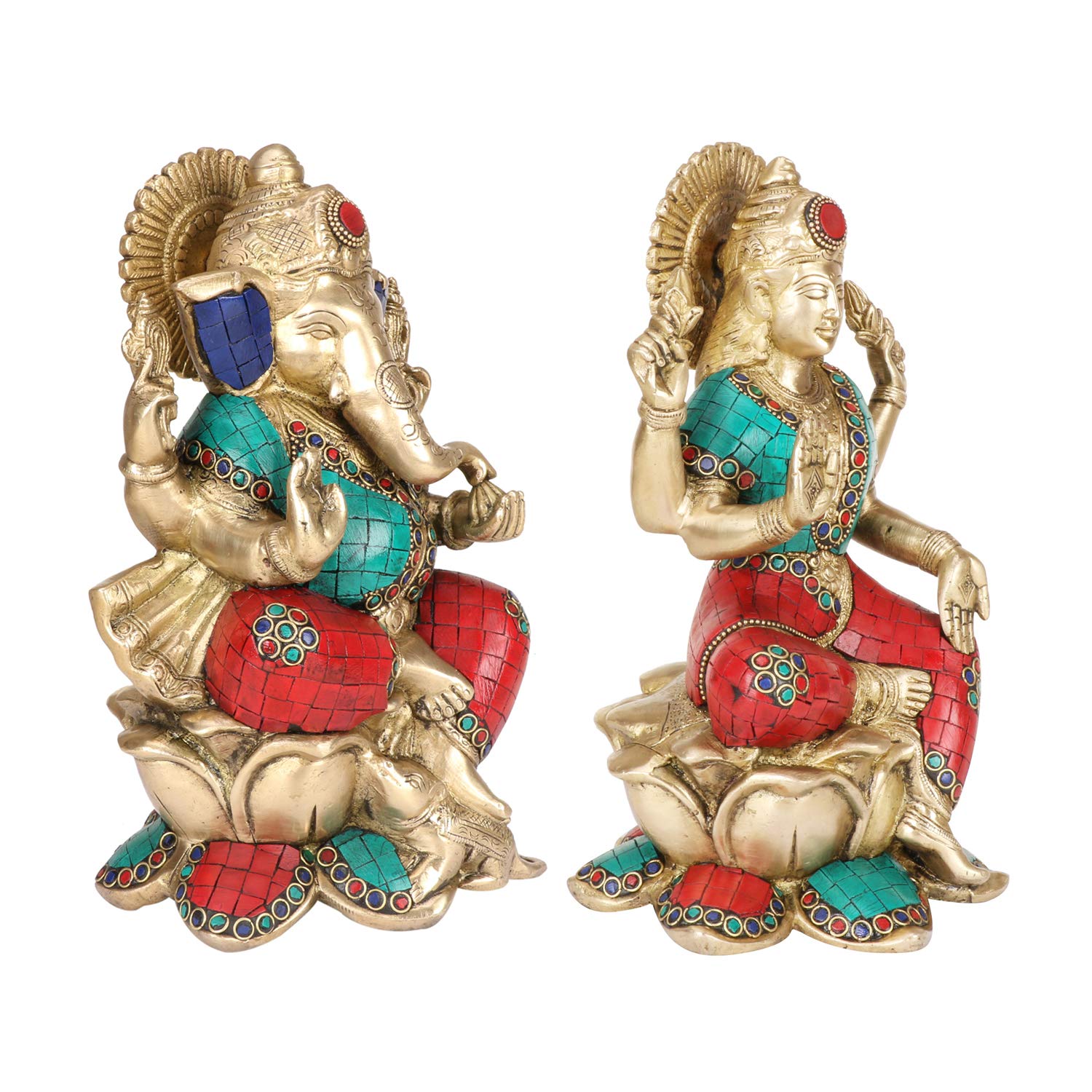 Brass Lakshmi Ganesha Sitting on Lotus Laxmi Ganesh Idol for Diwali Pooja Home Decor (Height 10 inch Multicolor) - SvarupArt