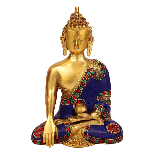 Brass Buddha Idol in Bhumisparsha Mudra Statue Tibetan Buddhist Decor Height 9 Inch Weight 2.7 Kg Mult-Color - SvarupArt