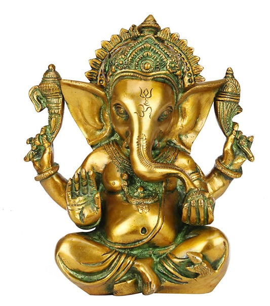Brass Ganesha Idol for Home Decoration Ganpati Statue Murti for Gift Height 19 cm Weight 2.8 Kg Color Greenish Gold - SvarupArt