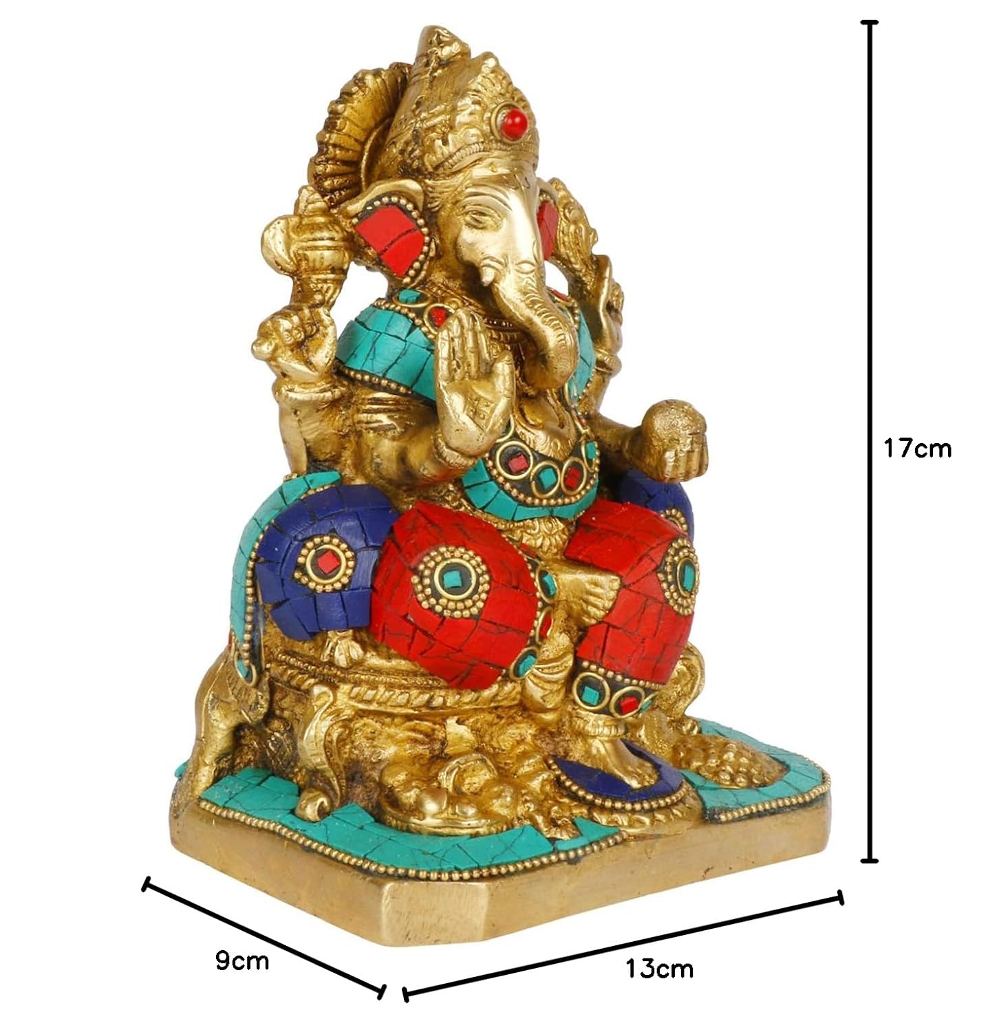Brass Sitting Ganesha Idol In Multicolor Height 6.5 Inch Weight 2 Kg - SvarupArt