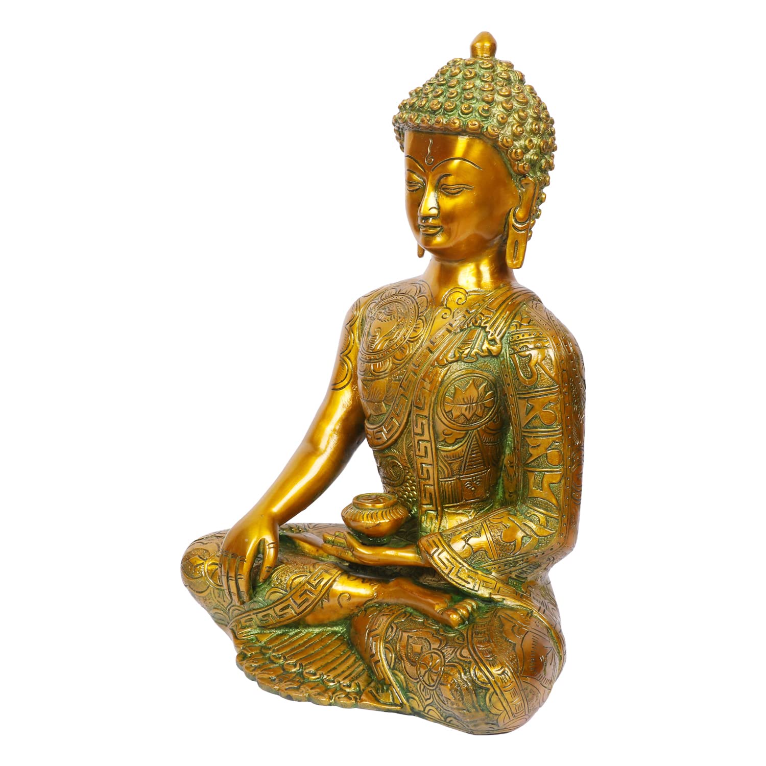 Brass Buddha Idol in Bhumisparsha Mudra Statue Tibetan Buddhist Décor Height 12 Inch Weight 6 Kg Color Golden Green - SvarupArt