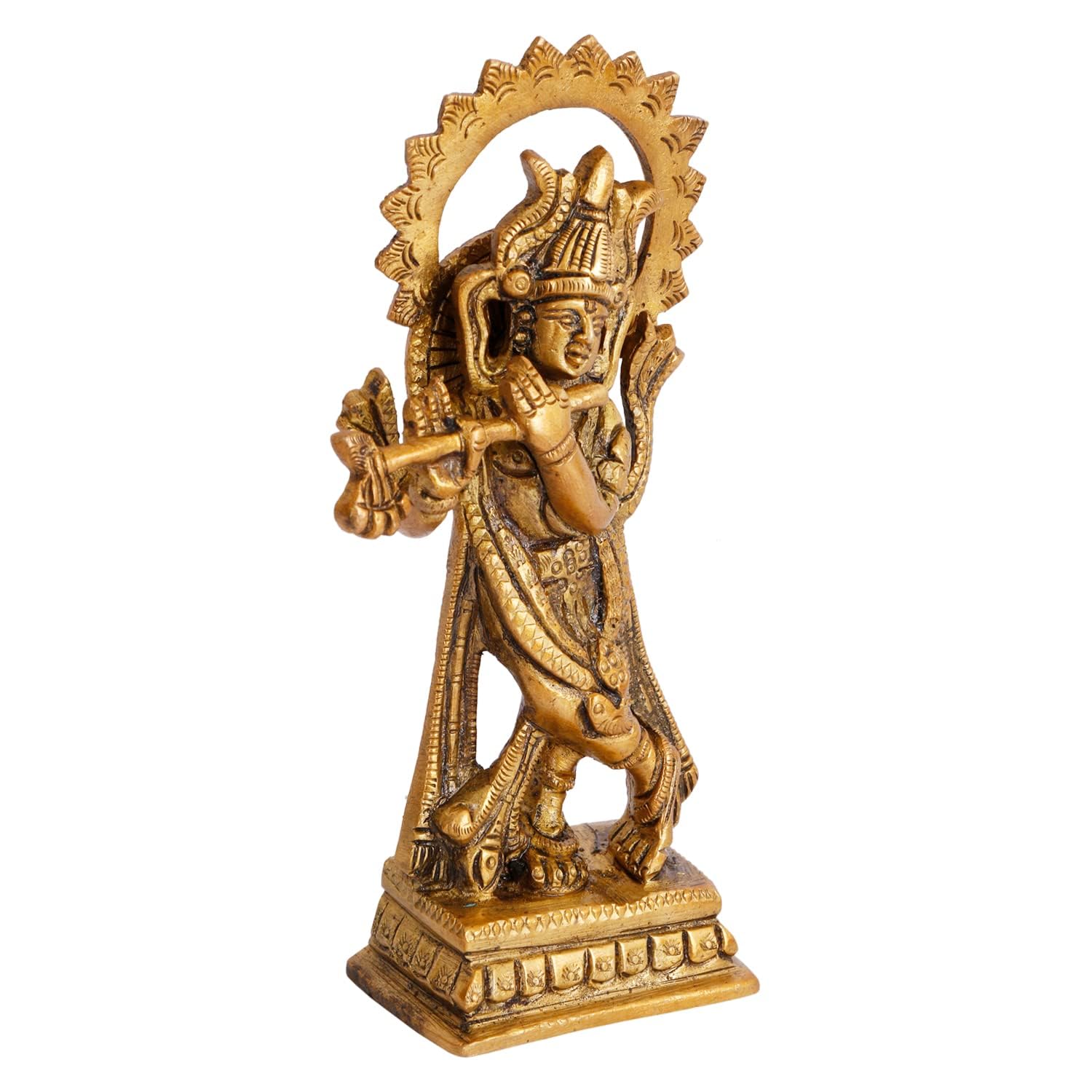 Brass Metal Lord Krishna Idol God of Love Playing Flute Height 4.75-Inch - SvarupArt