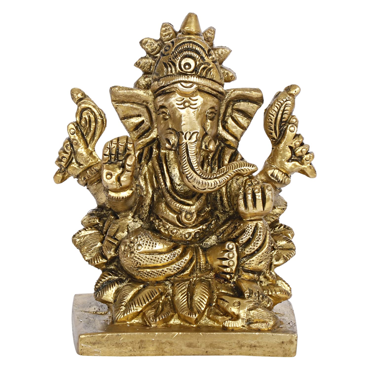 Brass Lord Ganesh Ganpati Sitting On Lotus Ganesha Idol for Puja Home Decor Gift Height 3 inch - SvarupArt