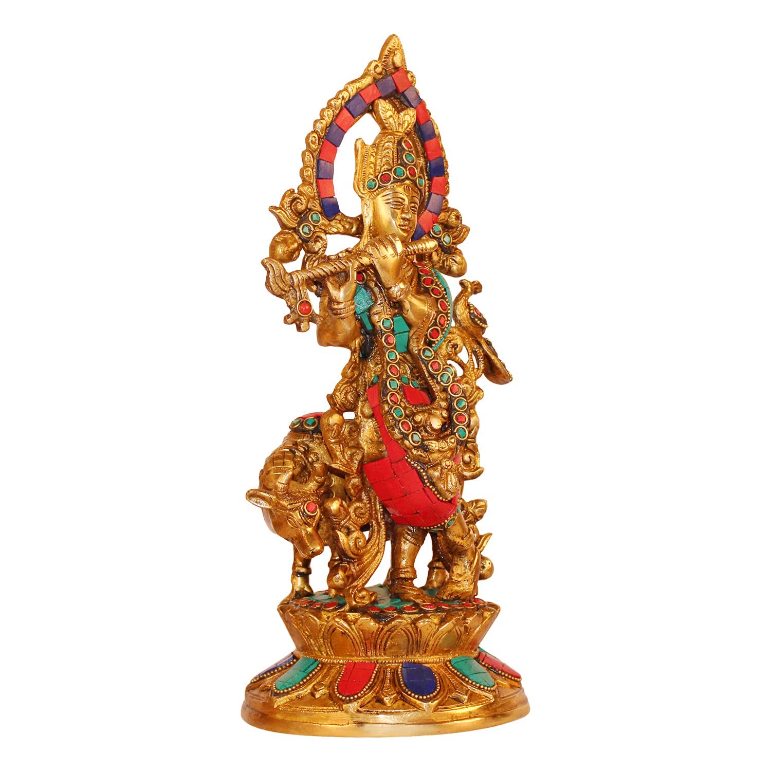 Brass Shri Krishna Idol with Cow Kishan Bhagwan Murti Lord Krishna Cow Statue with Flute Big Size Height 12 Inch - SvarupArt