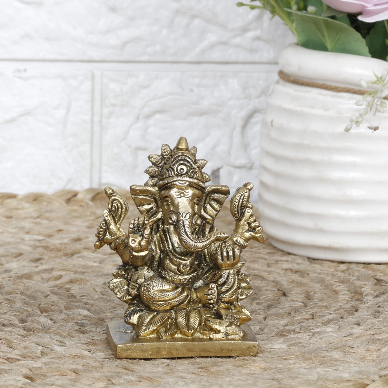 Brass Lord Ganesh Ganpati Sitting On Lotus Ganesha Idol for Puja Home Decor Gift Height 3 inch - SvarupArt