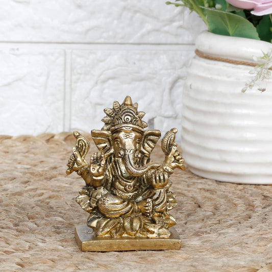 Brass Lord Ganesh Ganpati Sitting On Lotus Ganesha Idol for Puja Home Decor Gift Height 3 inch - SvarupArt