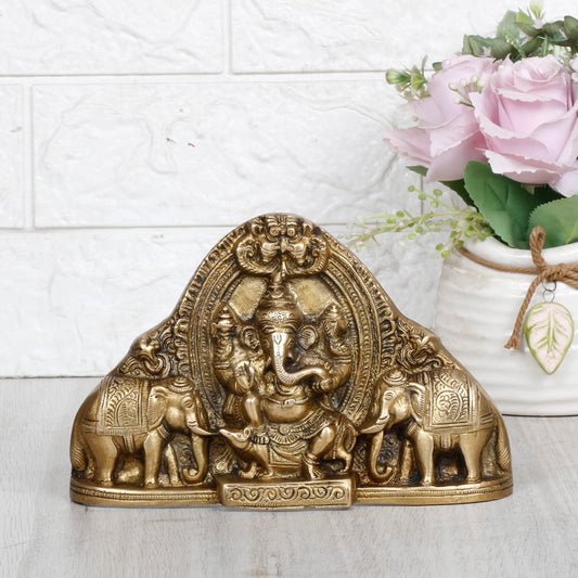 Brass Gaja Ganesha Lord Ganesh Sitting on Rat with Elephants Idol Wall Hanging Table Top Murti for Home Entrance. - SvarupArt
