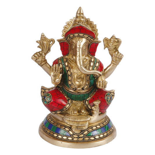 Brass Ganesha Idol on Round Singhasan for Home Decoration Ganpati Statue Murti for Gift Height 8 Inch Weight 3 Kg Color - SvarupArt