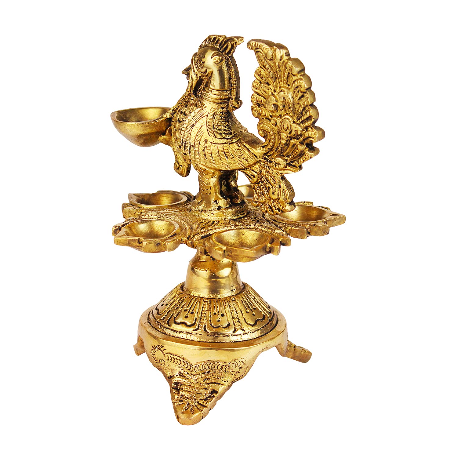 6 Inch Small Gold Color Brass Peacock Design Oil Diya with Base: Ideal for Home Temple Aarti and Decor - SvarupArt