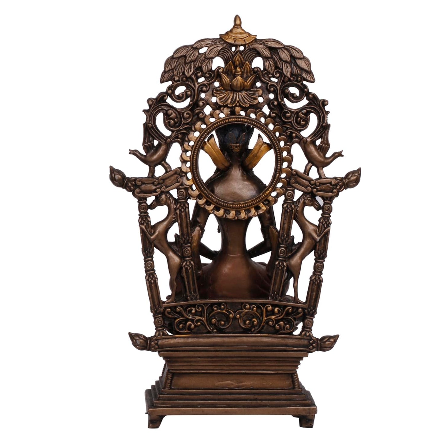 An 8-Inch Tall Bronze-Toned Resin Buddha Statue Featuring An Intricate Ornate Backdrop - SvarupArt