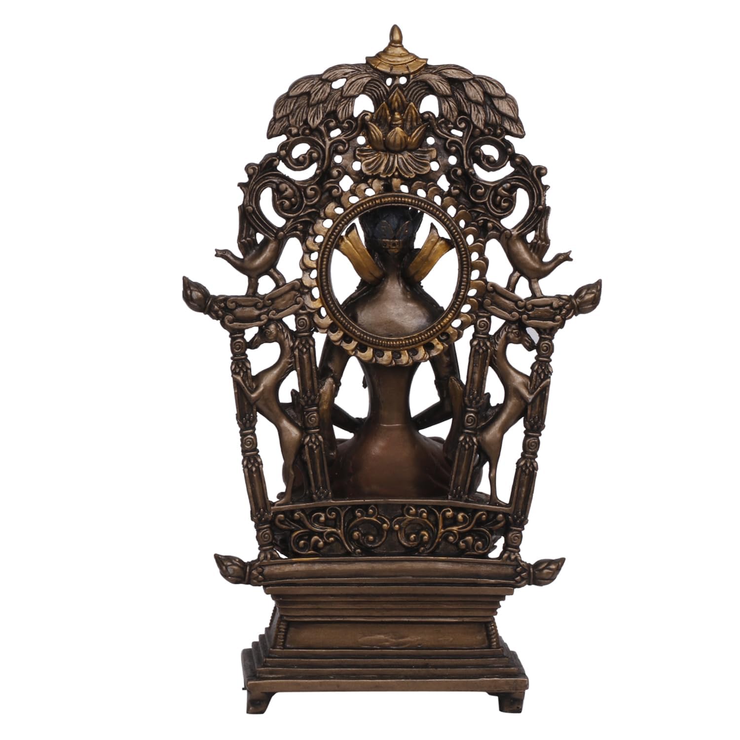 An 8-Inch Tall Bronze-Toned Resin Buddha Statue Featuring An Intricate Ornate Backdrop - SvarupArt