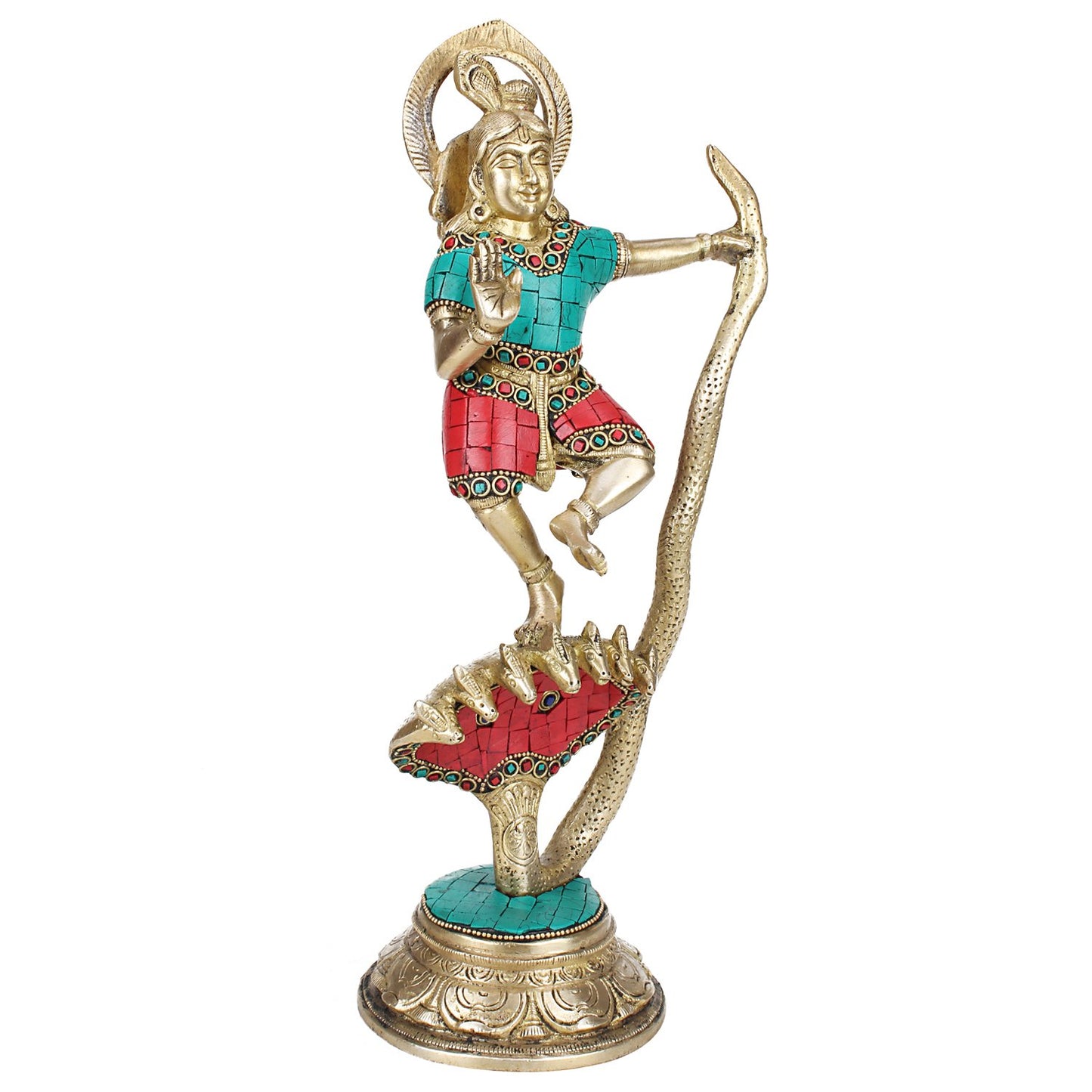 Brass Krishna Bhagwan Krishan Murti Dancing on Kaliya Naag Statue for Home Decor Temple Pooja Gift 13 Inch Multicolor