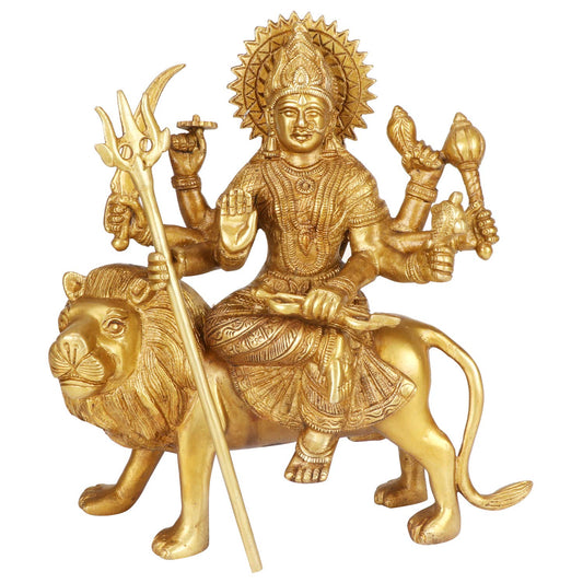 Brass Maa Durga Idol Sitting On Lion Ma Sherwali Murti Vaishno Devi Statue for Home Mandir Gift Navratra Puja 9.5 Inch - SvarupArt
