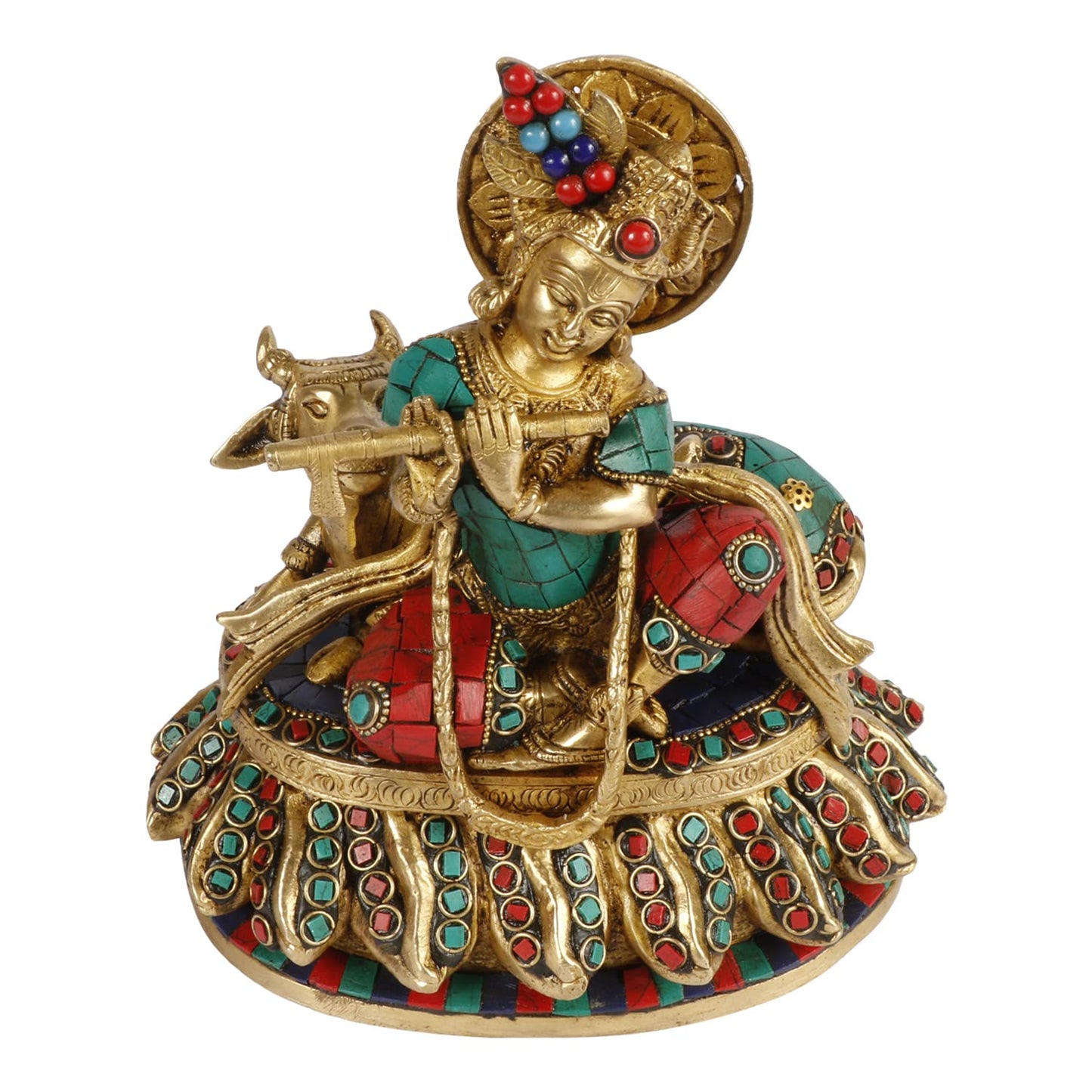 Brass Shri Krishna Idol with Cow Kishan Bhagwan Murti Lord Krishna Cow Statue with Flute Big Size Height 8 Inch - SvarupArt